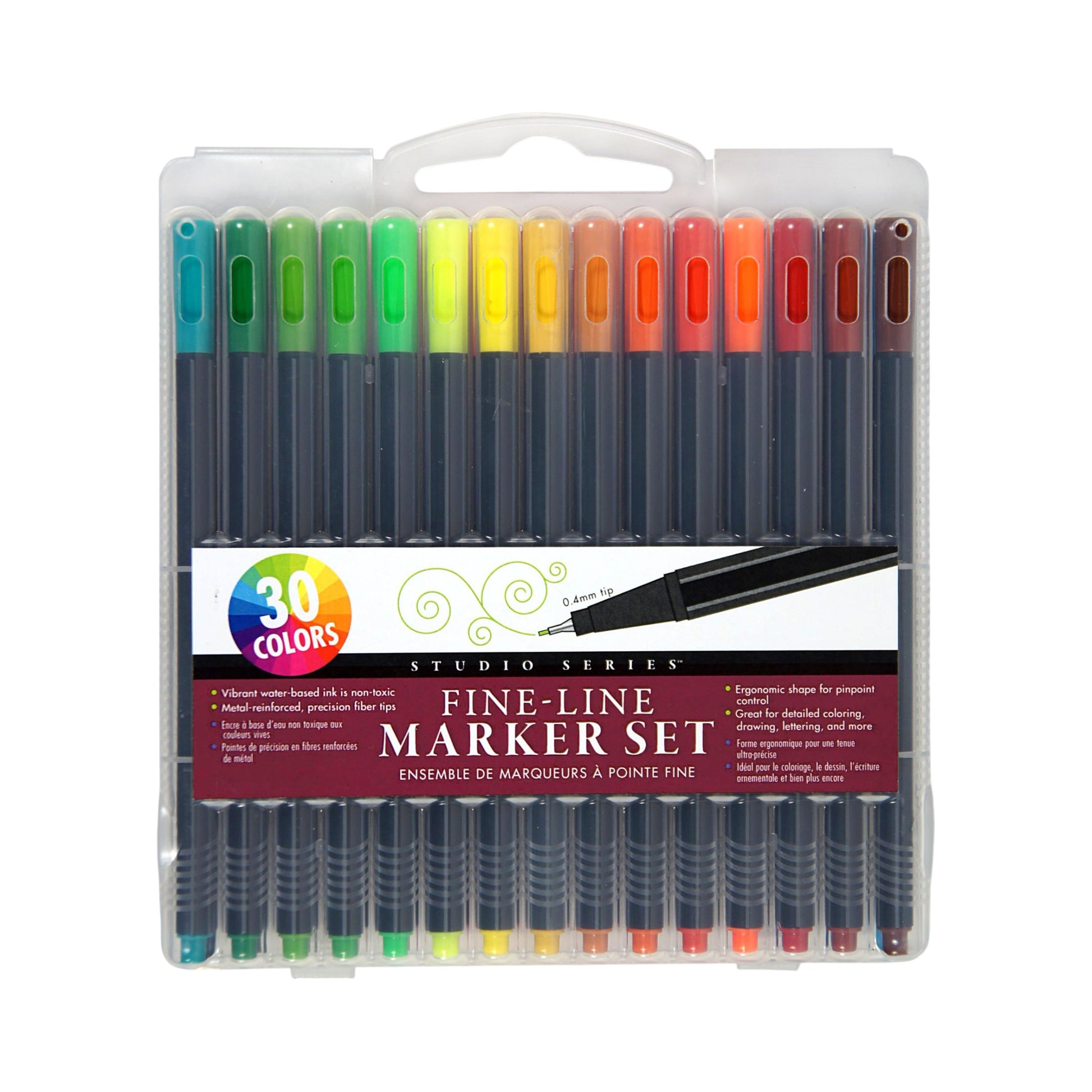 Studio Series 30-Piece Fine-Line Marker Set, a clear storage case containing 30 vibrant fine-line markers with hexagonal barrels