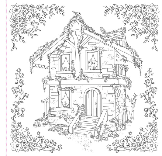Coloring book page with a detailed house illustration surrounded by flowers and leaves.