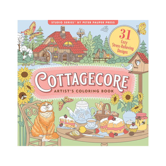 Studio Series 31-Design Cottagecore Artist's Coloring Book, featuring a beautifully illustrated cozy cottage cover scene with a cat and tea set