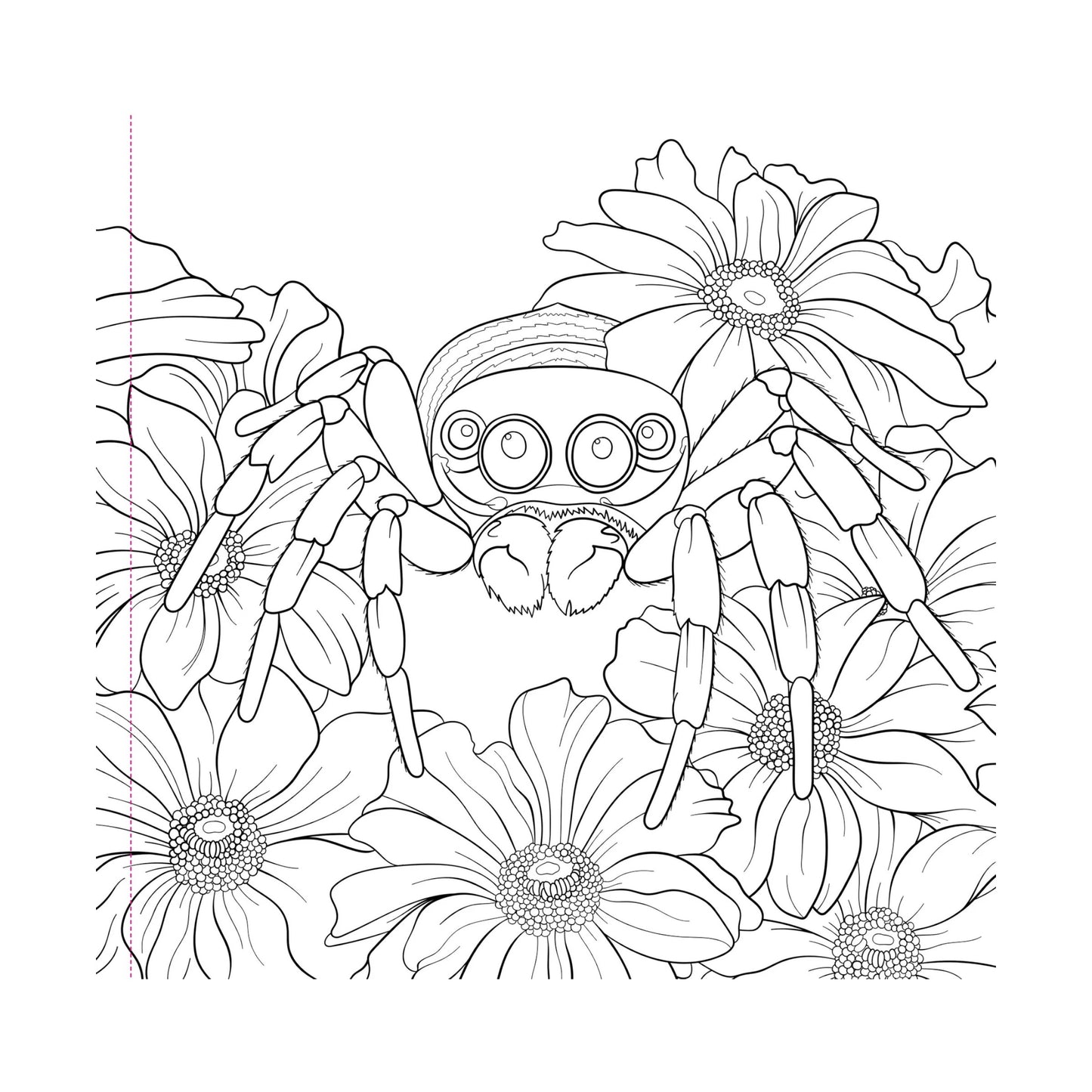 Black and white line drawing of a spider among flowers on a white background