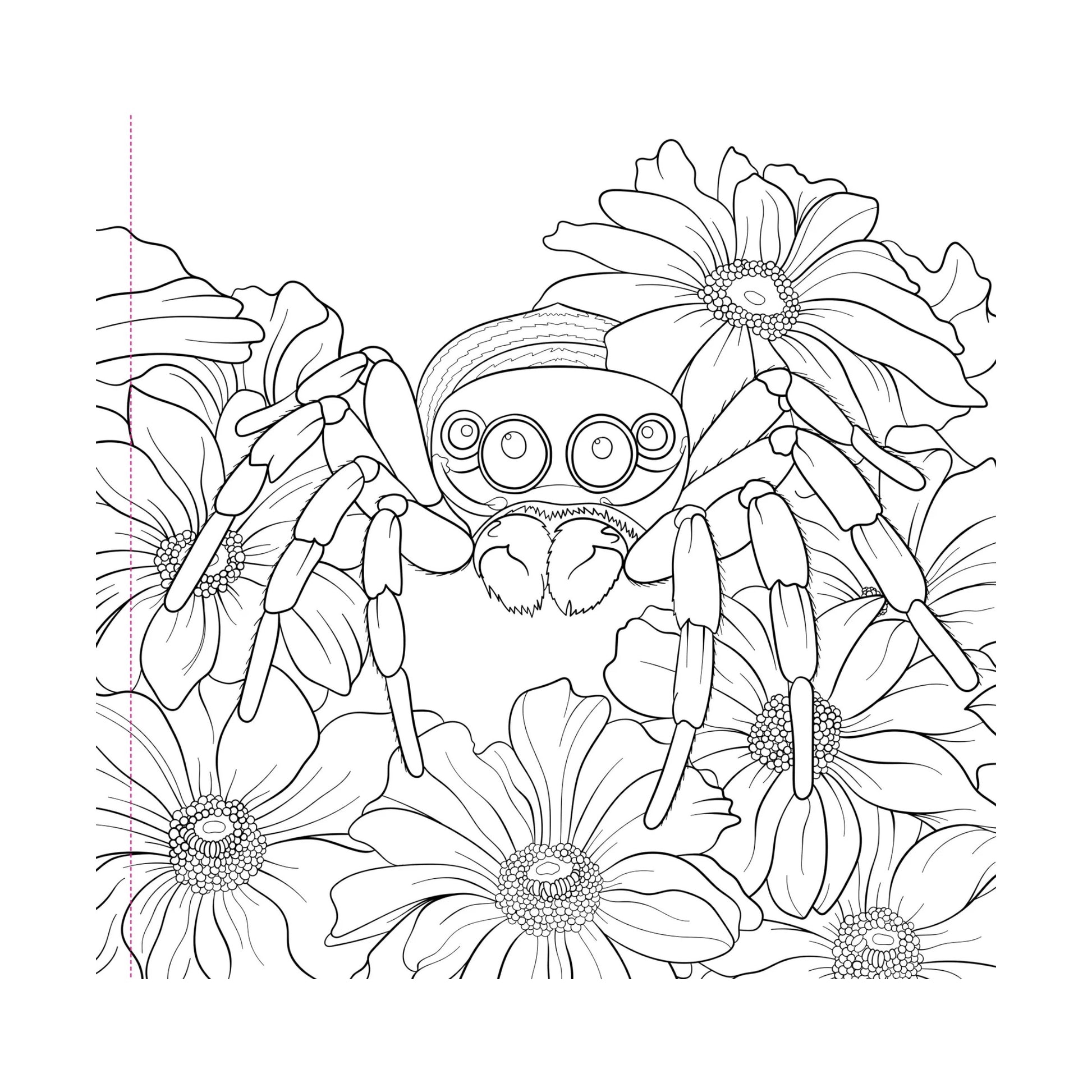 Black and white line drawing of a spider among flowers on a white background