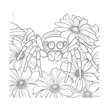 Black and white line drawing of a spider among flowers on a white background