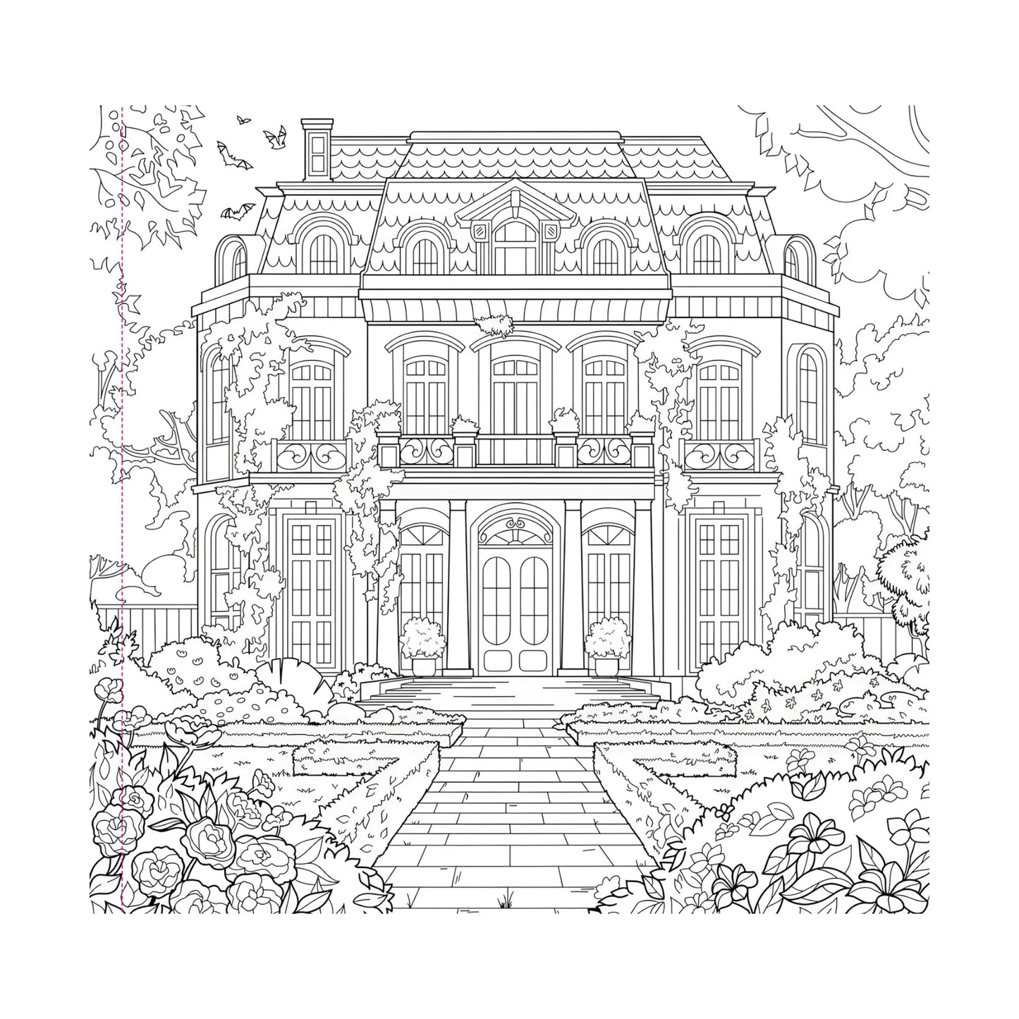Line drawing of an elegant house with a garden