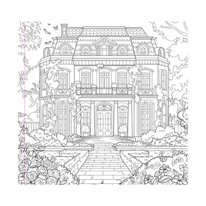 Line drawing of an elegant house with a garden