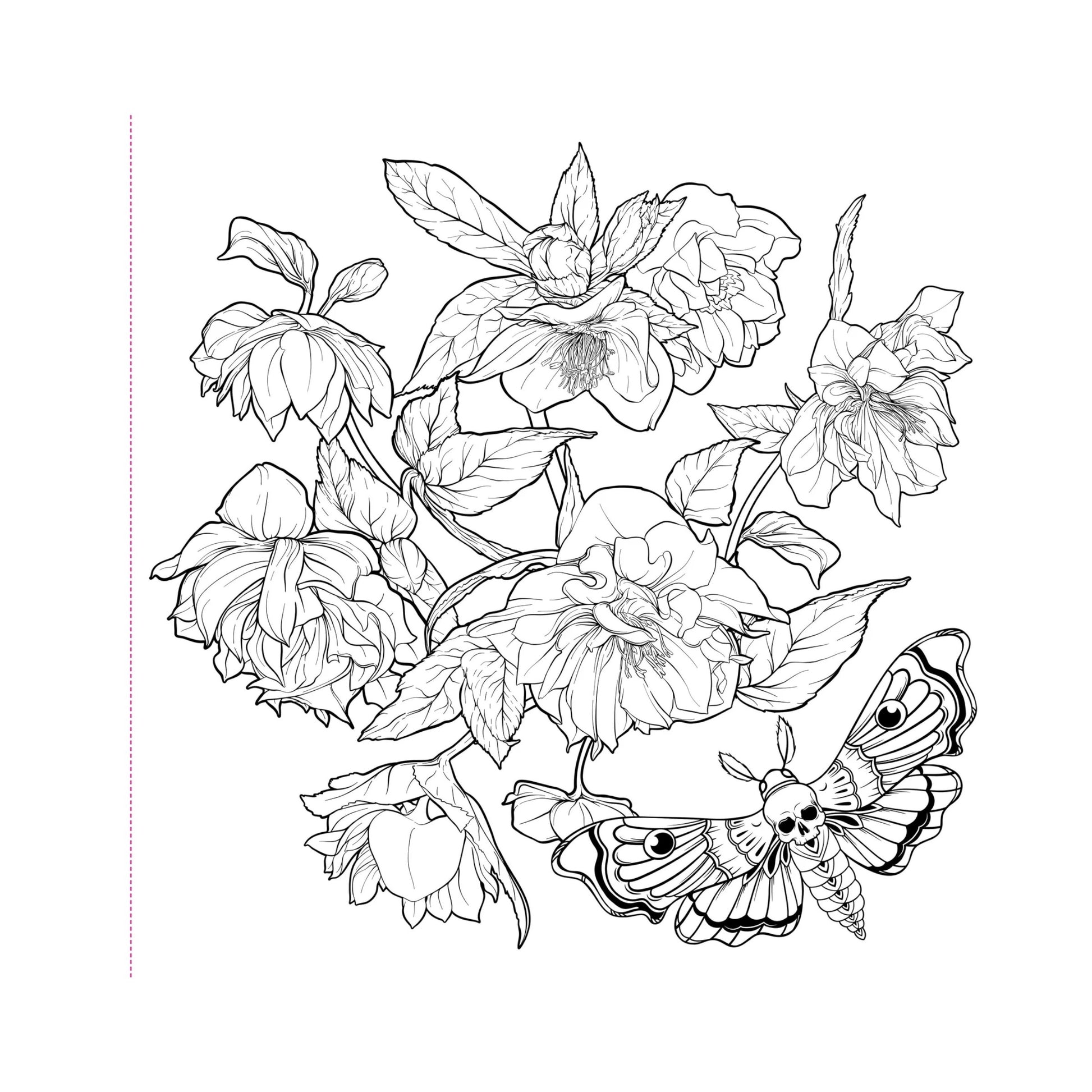 Black and white floral design with a butterfly on a white background