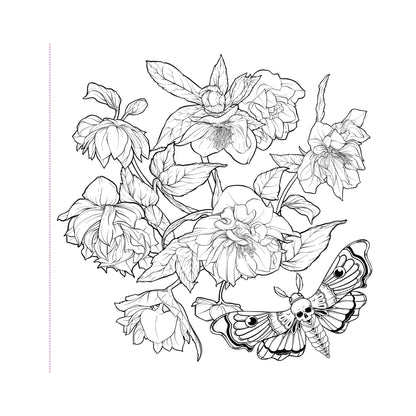 Black and white floral design with a butterfly on a white background
