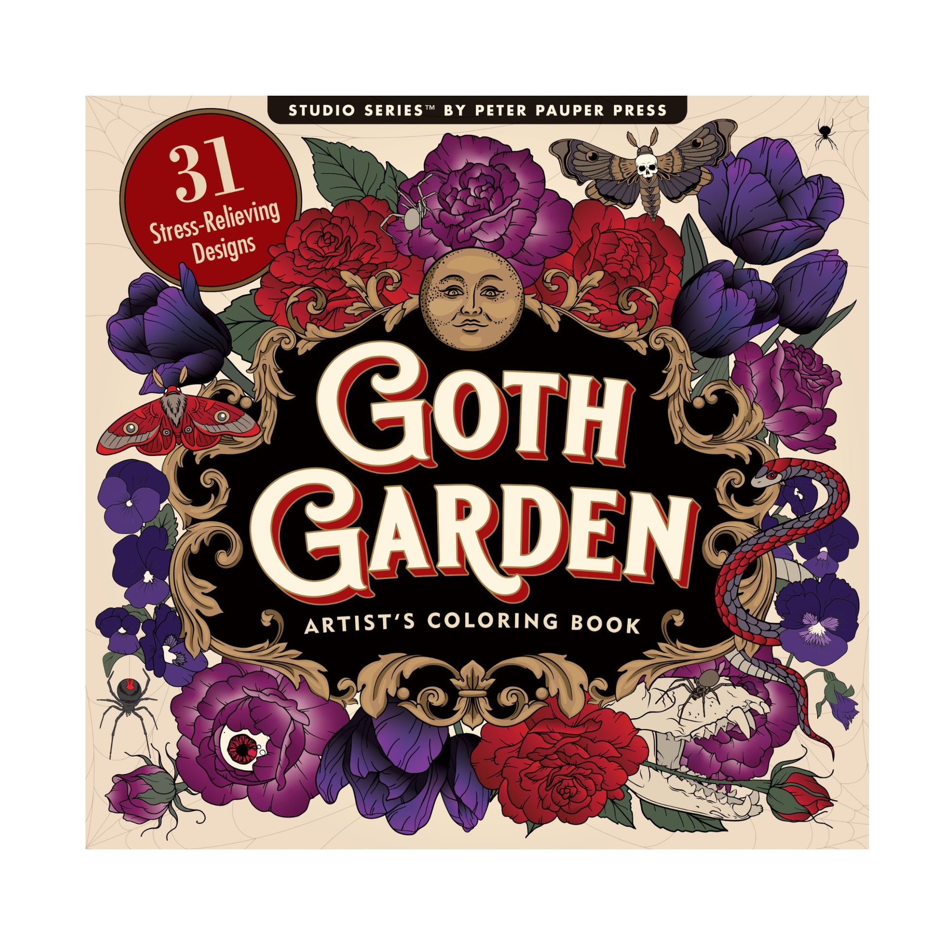 Studio Series 31-Design Goth Garden Artist's Coloring Book, featuring a darkly romantic cover illustration with vibrant florals, a sun face, and a moth