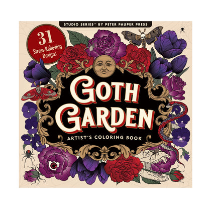 Studio Series 31-Design Goth Garden Artist's Coloring Book, featuring a darkly romantic cover illustration with vibrant florals, a sun face, and a moth