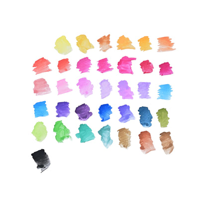 Studio Series 38-Piece Junior Watercolor Paint Set, featuring 36 bright, washable colors and two paintbrushes in a sturdy plastic travel case