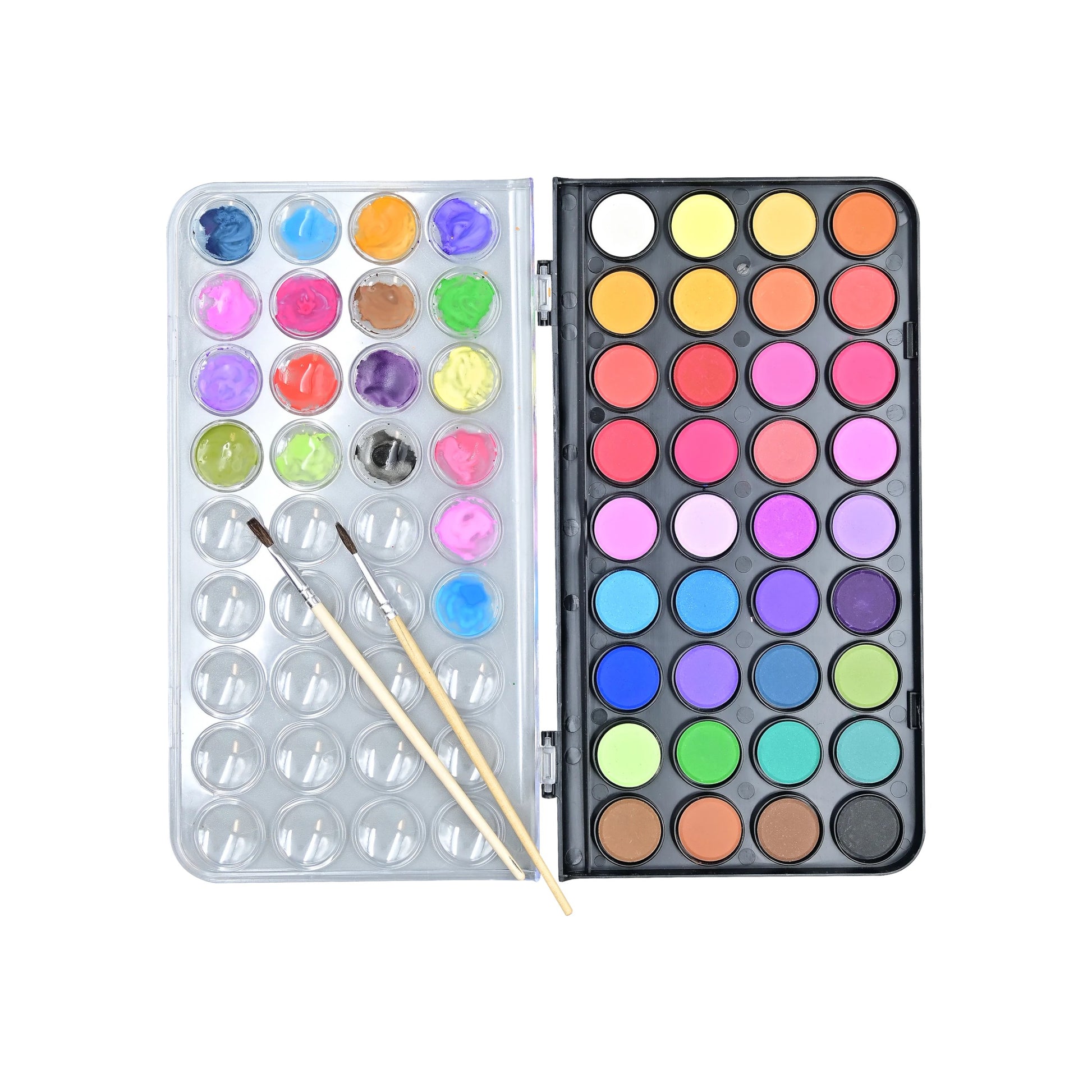 Studio Series 38-Piece Junior Watercolor Paint Set, featuring 36 bright, washable colors and two paintbrushes in a sturdy plastic travel case