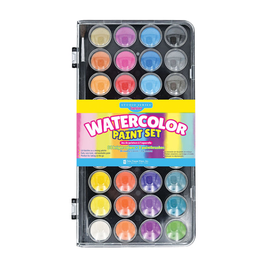 Studio Series 38-Piece Junior Watercolor Paint Set, featuring 36 bright, washable colors and two paintbrushes in a sturdy plastic travel case