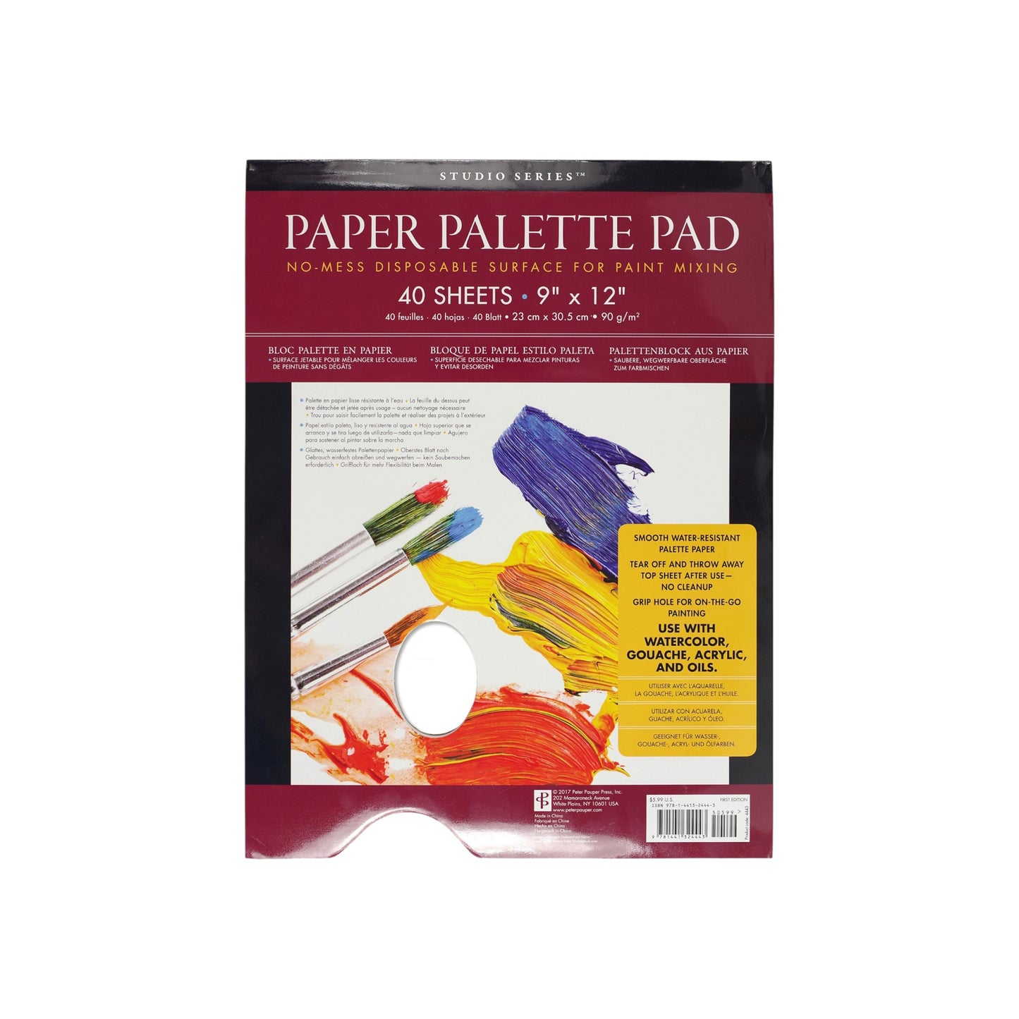 Studio Series 40-Sheet Paper Palette Pad, featuring a convenient thumb grip hole and smooth, water-resistant disposable sheets for mixing paint