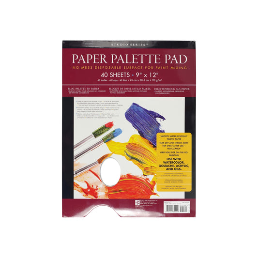 Studio Series 40-Sheet Paper Palette Pad, featuring a convenient thumb grip hole and smooth, water-resistant disposable sheets for mixing paint