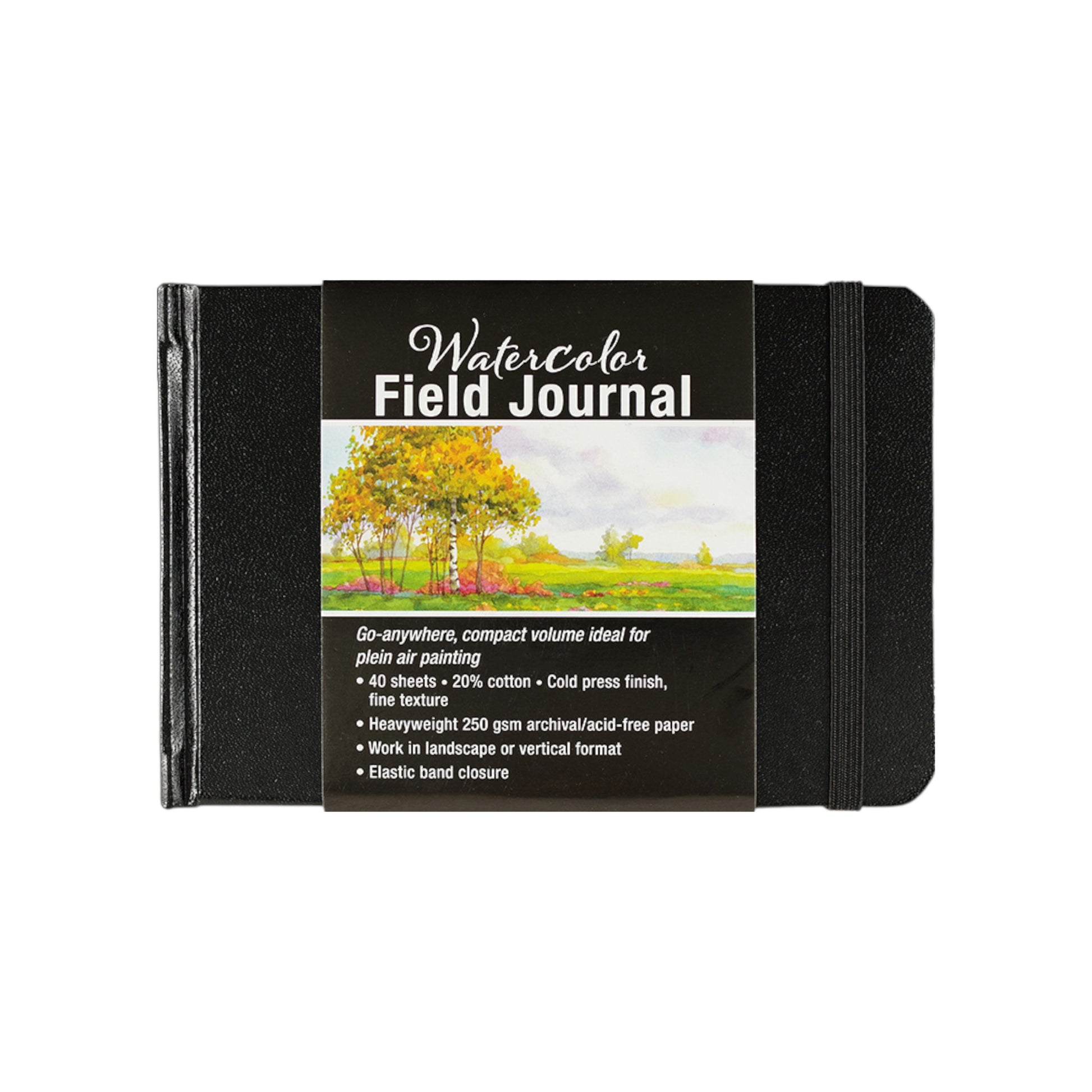 Studio Series 40-Sheet Watercolor Field Journal, a compact black hardcover sketchbook with an elastic band closure