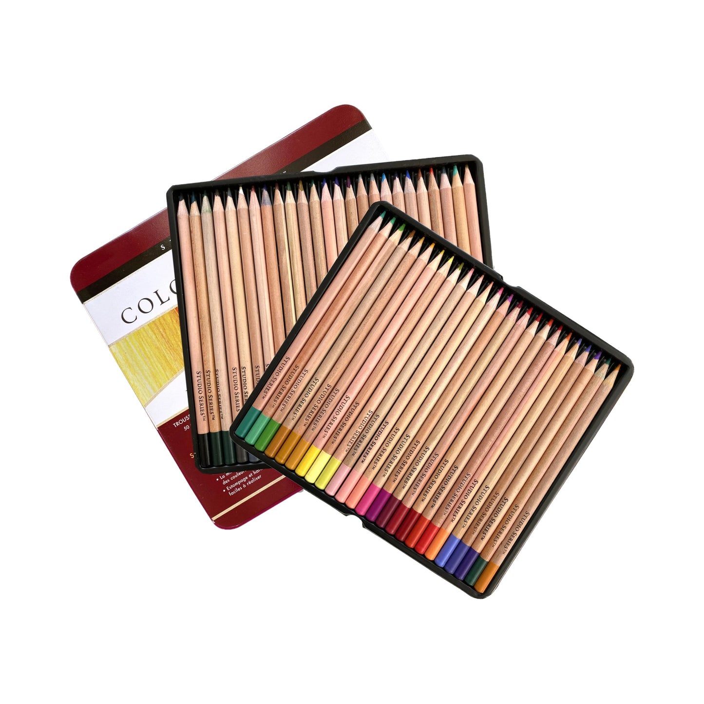 Studio Series 50-Piece Deluxe Colored Pencil Set, a protective tin containing premium artist-quality colored pencils