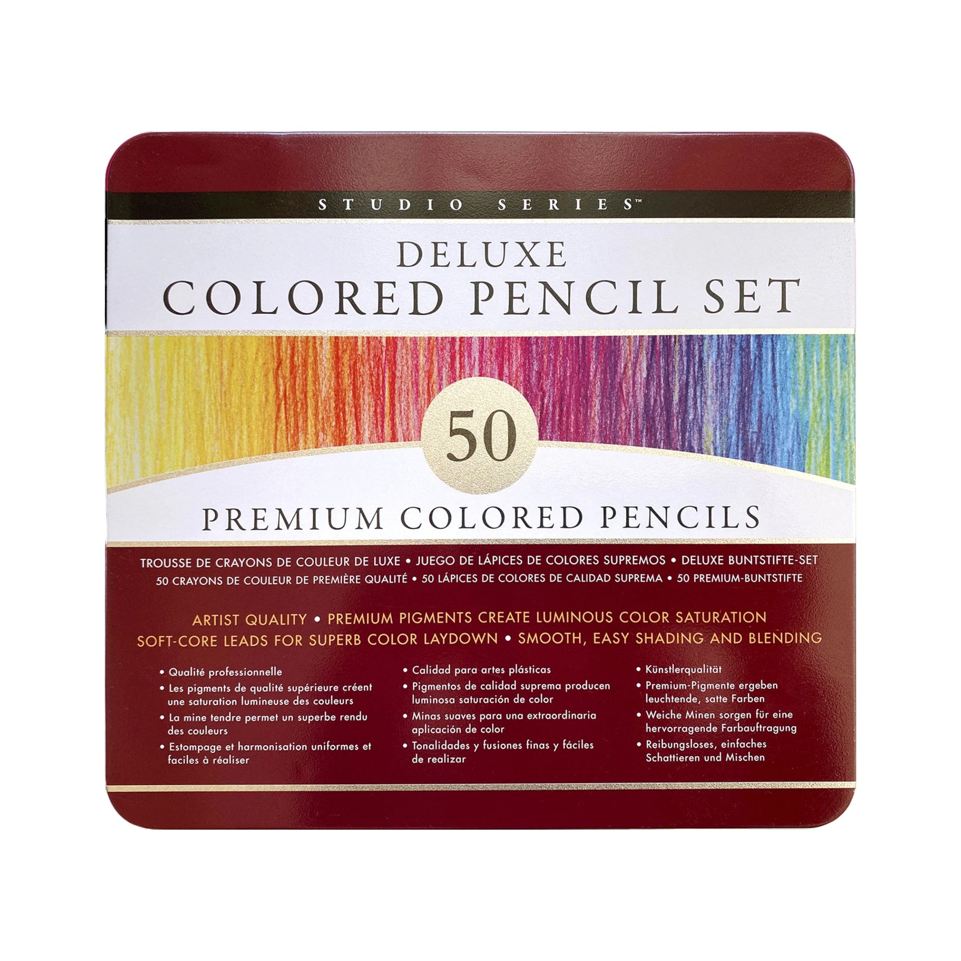 Studio Series 50-Piece Deluxe Colored Pencil Set, a protective tin containing premium artist-quality colored pencils