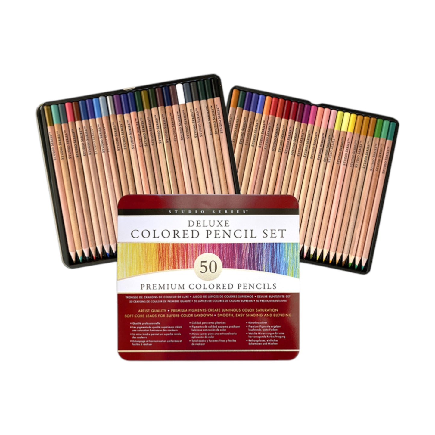 Studio Series 50-Piece Deluxe Colored Pencil Set, a protective tin containing premium artist-quality colored pencils