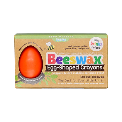 Studio Series 6-Piece Junior Beeswax Egg-Shaped Crayons, featuring six vibrant, easy-to-grasp toddler crayons in a display box