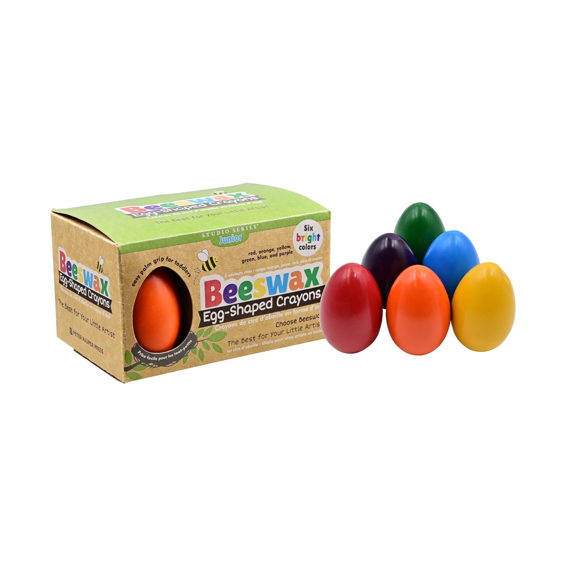 Studio Series 6-Piece Junior Beeswax Egg-Shaped Crayons, featuring six vibrant, easy-to-grasp toddler crayons in a display box