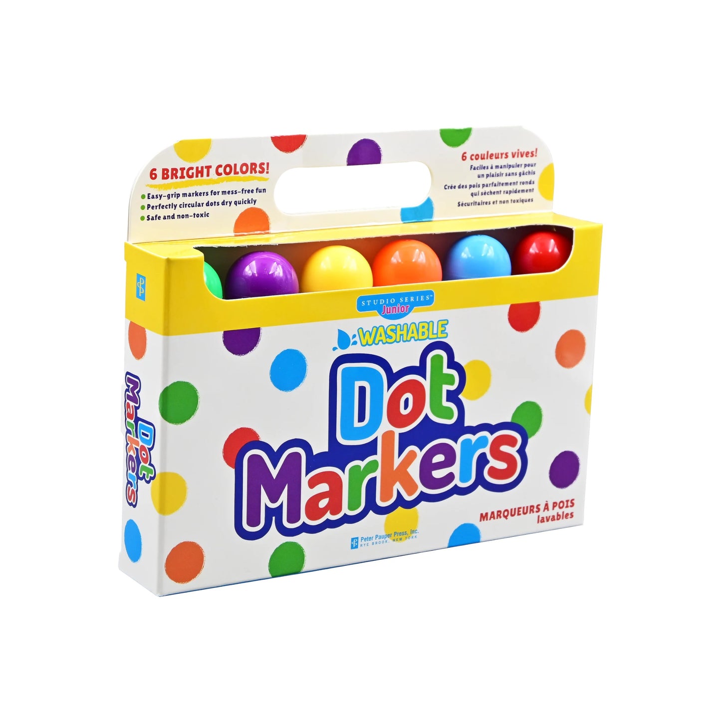 Studio Series 6-Piece Junior Washable Dot Markers, featuring six vibrant colors in a sturdy card-stock carrying case