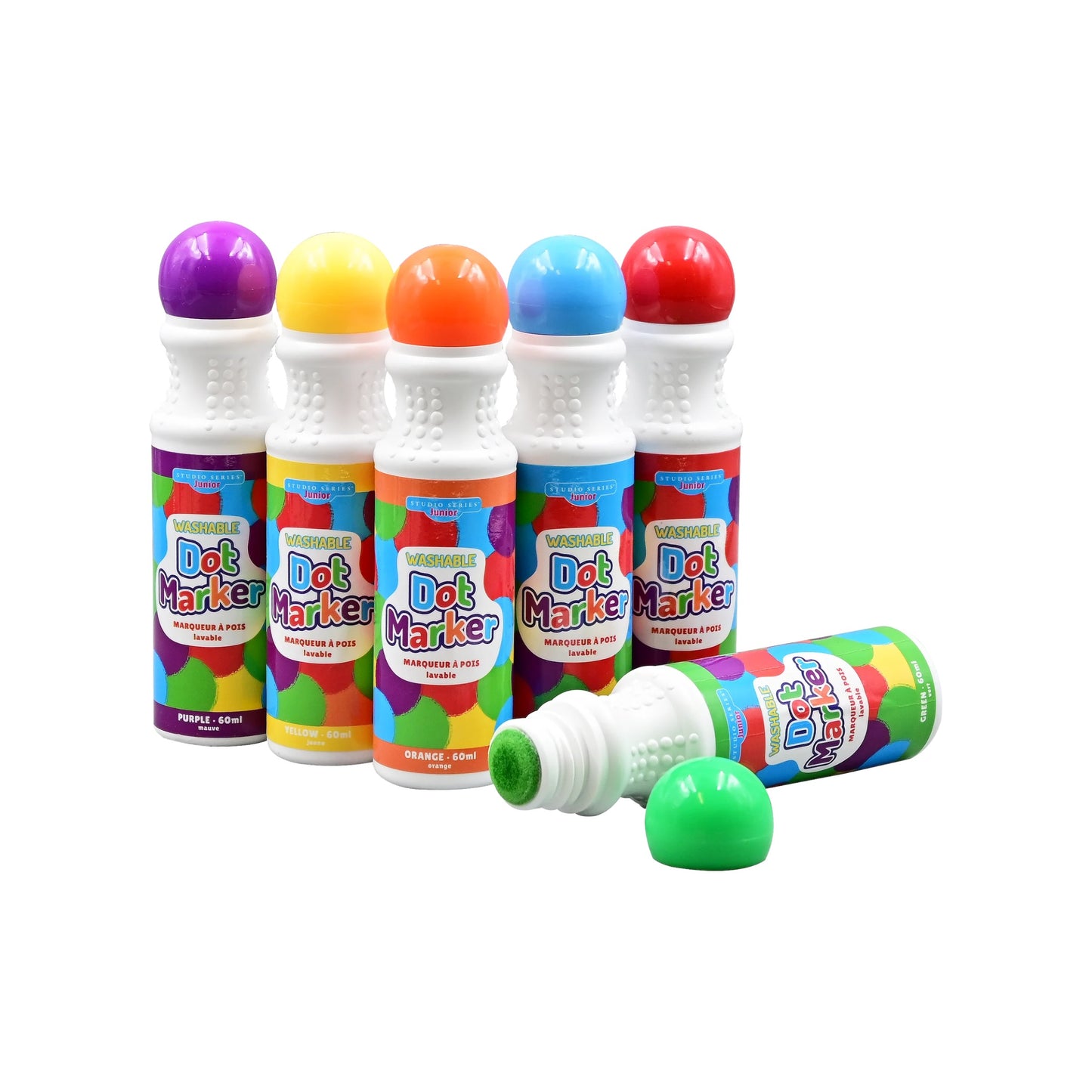 Studio Series 6-Piece Junior Washable Dot Markers, featuring six vibrant colors in a sturdy card-stock carrying case
