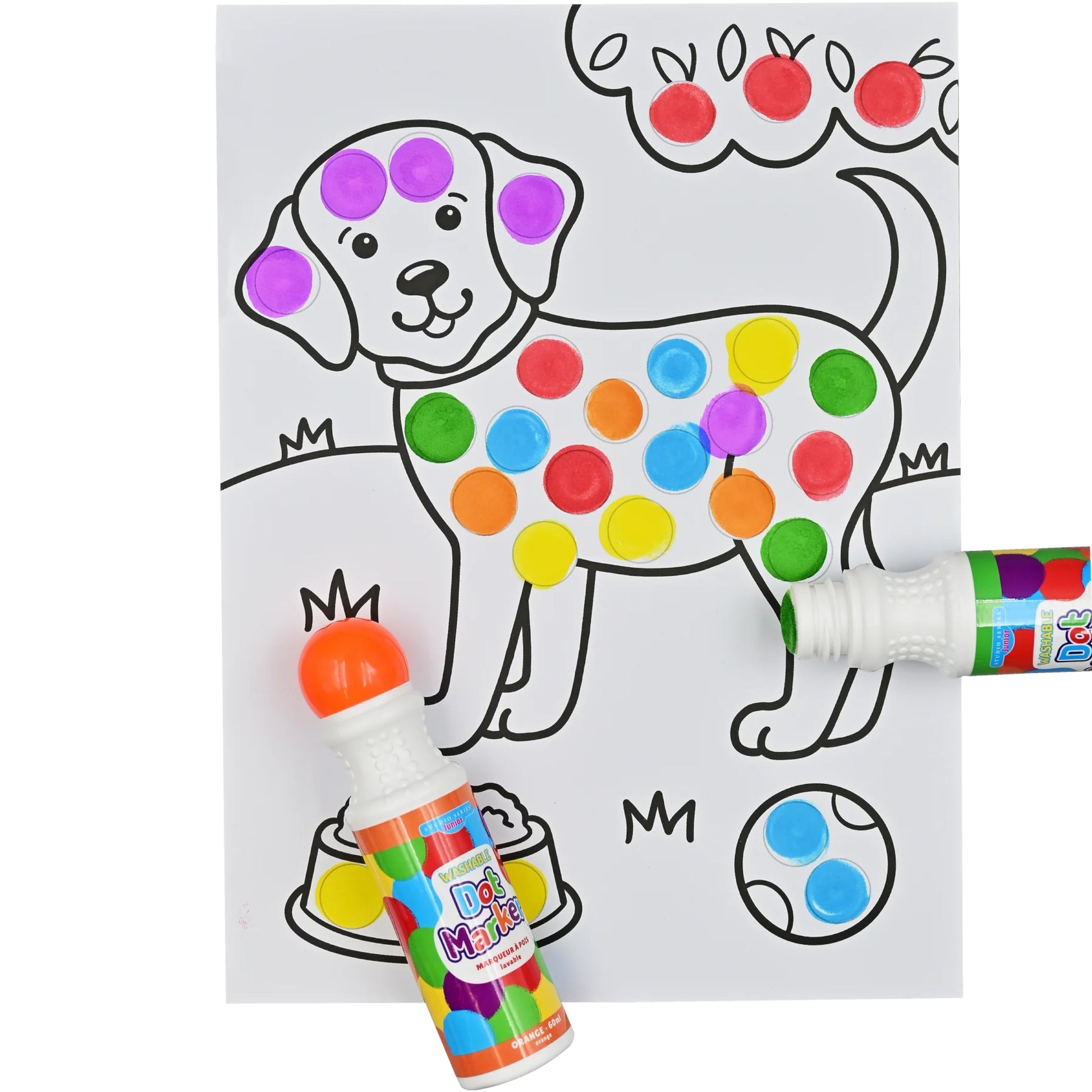 Colorful dot marker with a dog illustration on a white background