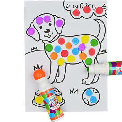 Colorful dot marker with a dog illustration on a white background