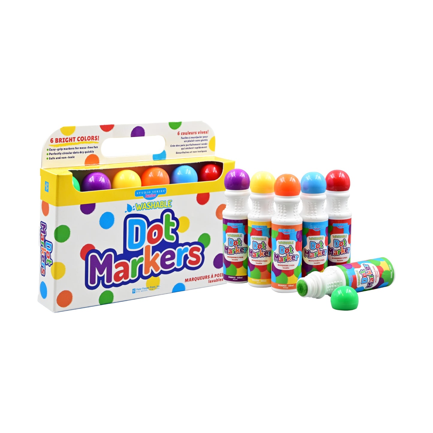 Studio Series 6-Piece Junior Washable Dot Markers, featuring six vibrant colors in a sturdy card-stock carrying case