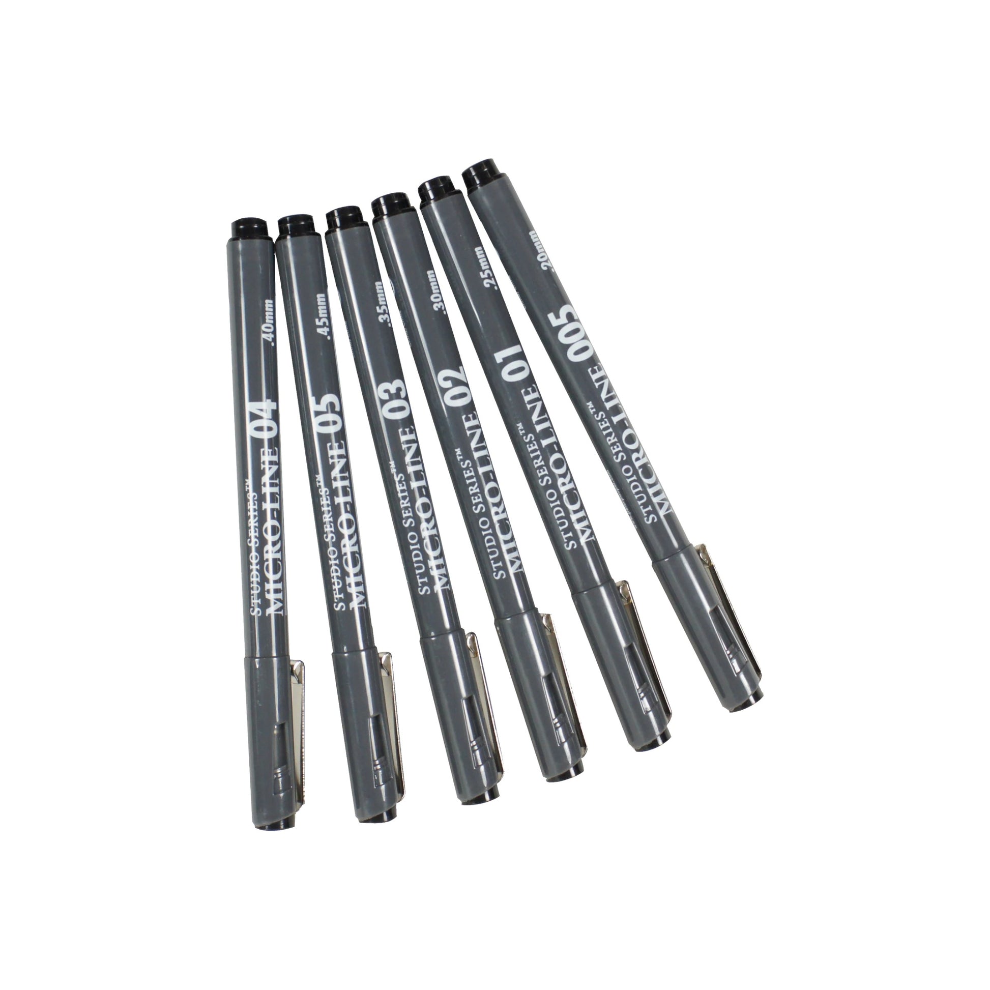 Studio Series 6-Piece Micro-Line Pen Set in a transparent reusable storage case, featuring six fine-line black pigment ink pens in various sizes.