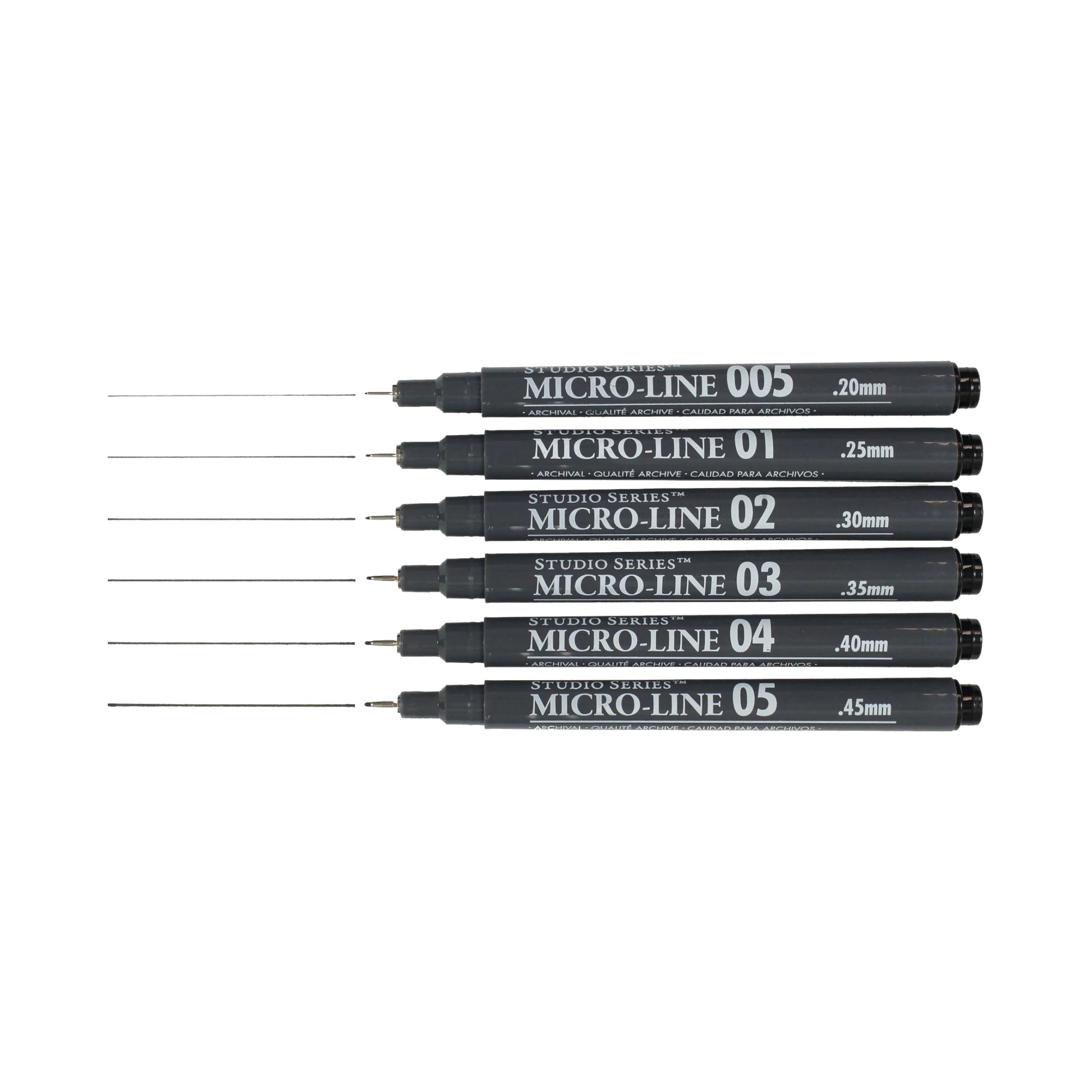 Studio Series 6-Piece Micro-Line Pen Set in a transparent reusable storage case, featuring six fine-line black pigment ink pens in various sizes.