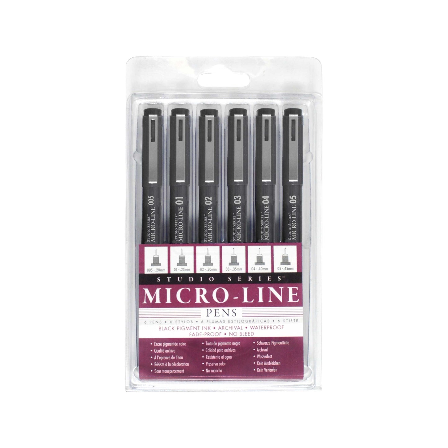 Studio Series 6-Piece Micro-Line Pen Set in a transparent reusable storage case, featuring six fine-line black pigment ink pens in various sizes.