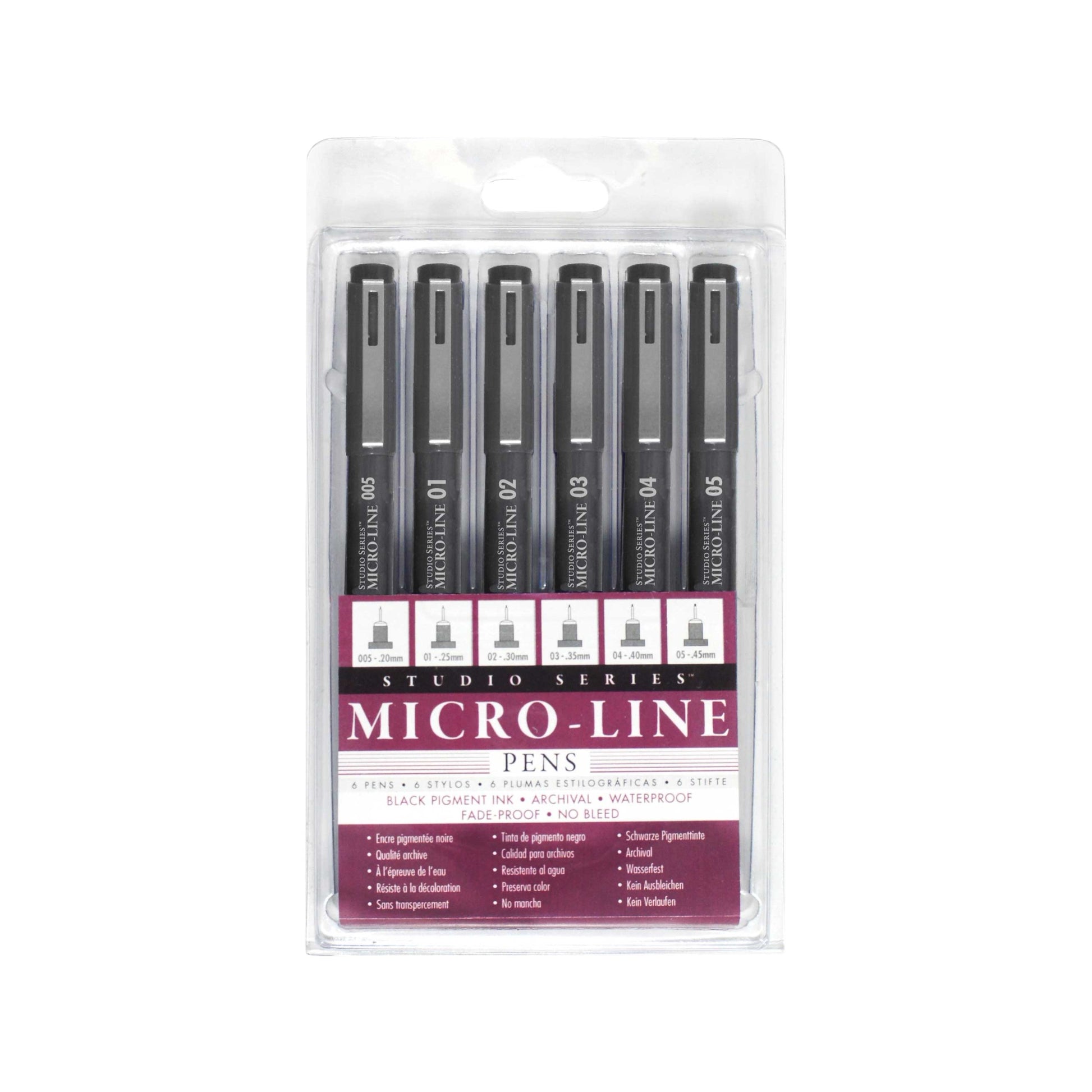 Studio Series 6-Piece Micro-Line Pen Set in a transparent reusable storage case, featuring six fine-line black pigment ink pens in various sizes.