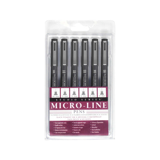 Studio Series 6-Piece Micro-Line Pen Set in a transparent reusable storage case, featuring six fine-line black pigment ink pens in various sizes.