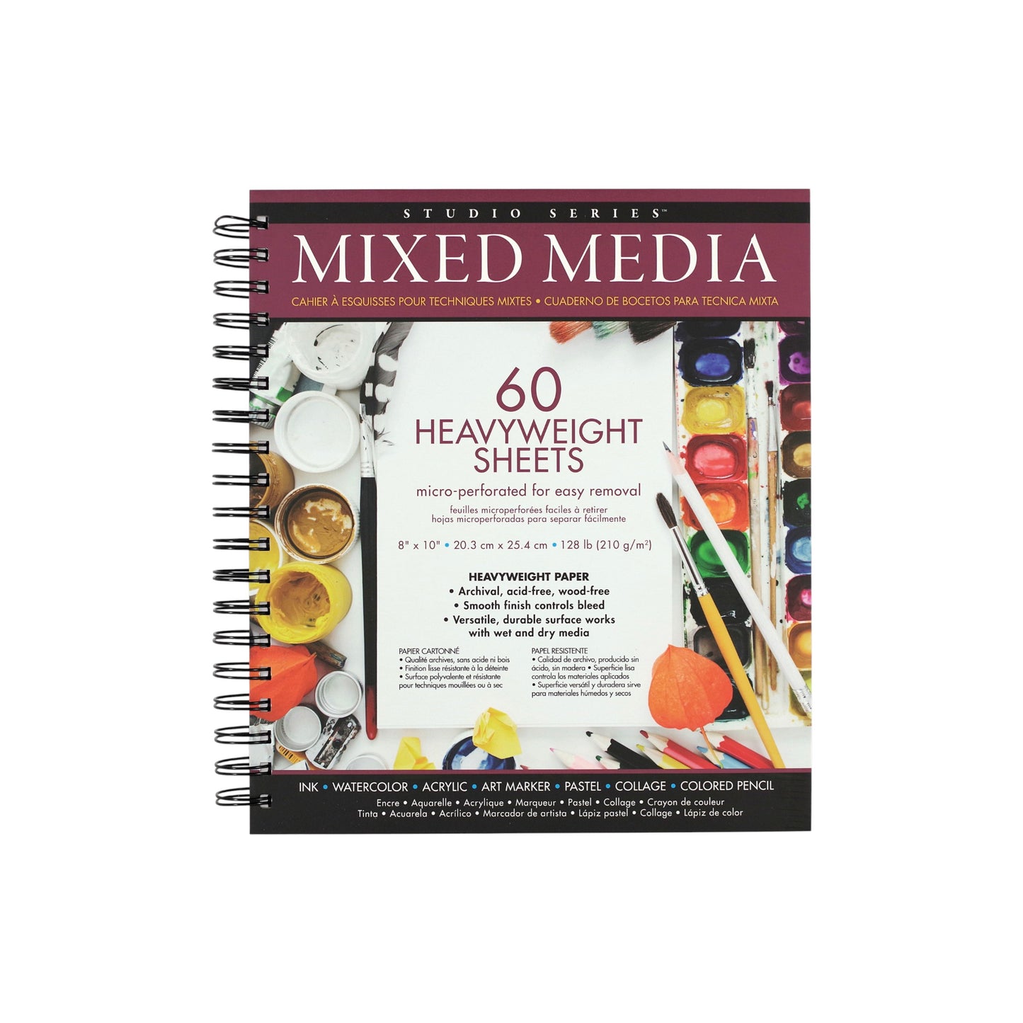 Studio Series 60-Sheet Mixed Media Pad, a spiral-bound sketchbook featuring heavyweight, micro-perforated paper for wet and dry media