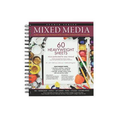 Studio Series 60-Sheet Mixed Media Pad, a spiral-bound sketchbook featuring heavyweight, micro-perforated paper for wet and dry media