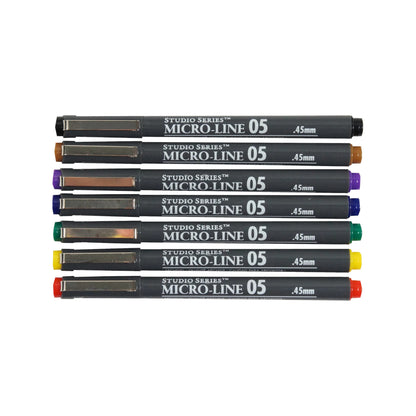 Studio Series 7-Piece Color Micro-Line Pen Set in a transparent reusable storage case, featuring seven pigment ink pens in various bold colors.