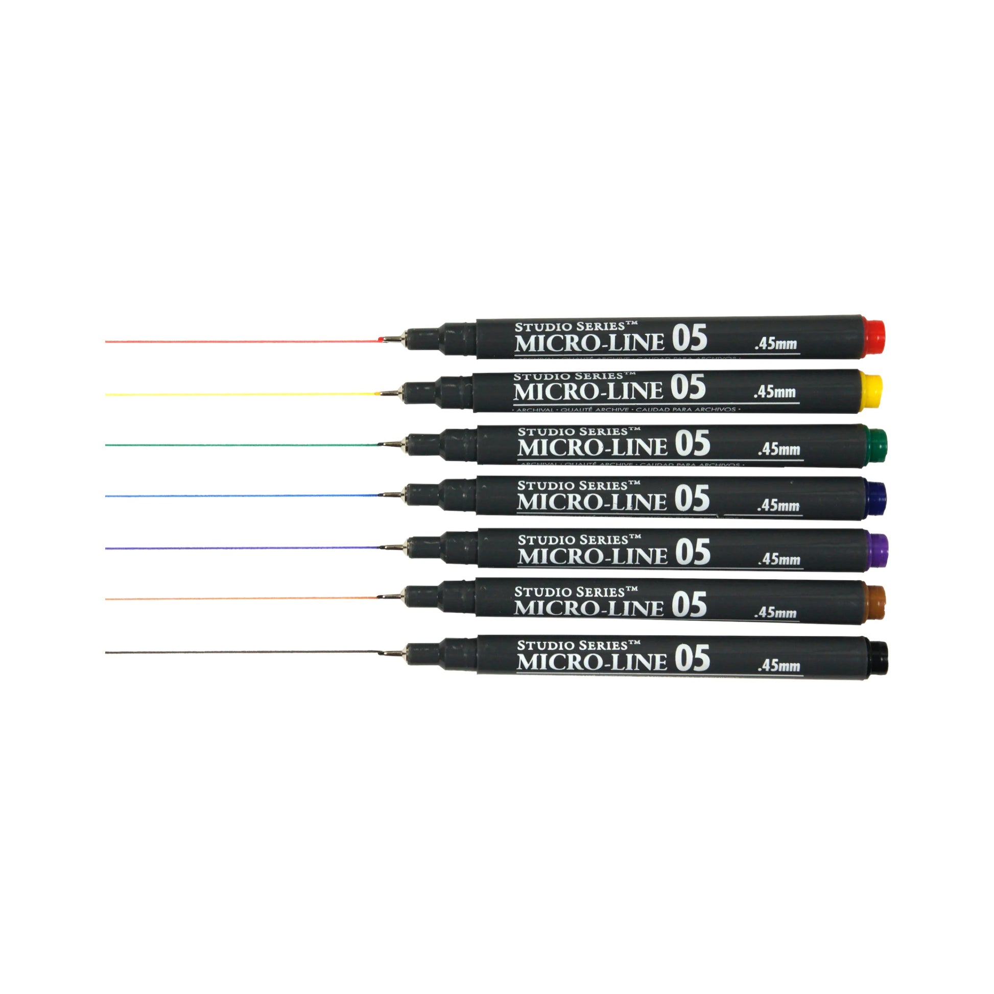 Studio Series 7-Piece Color Micro-Line Pen Set in a transparent reusable storage case, featuring seven pigment ink pens in various bold colors.