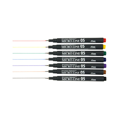 Studio Series 7-Piece Color Micro-Line Pen Set in a transparent reusable storage case, featuring seven pigment ink pens in various bold colors.