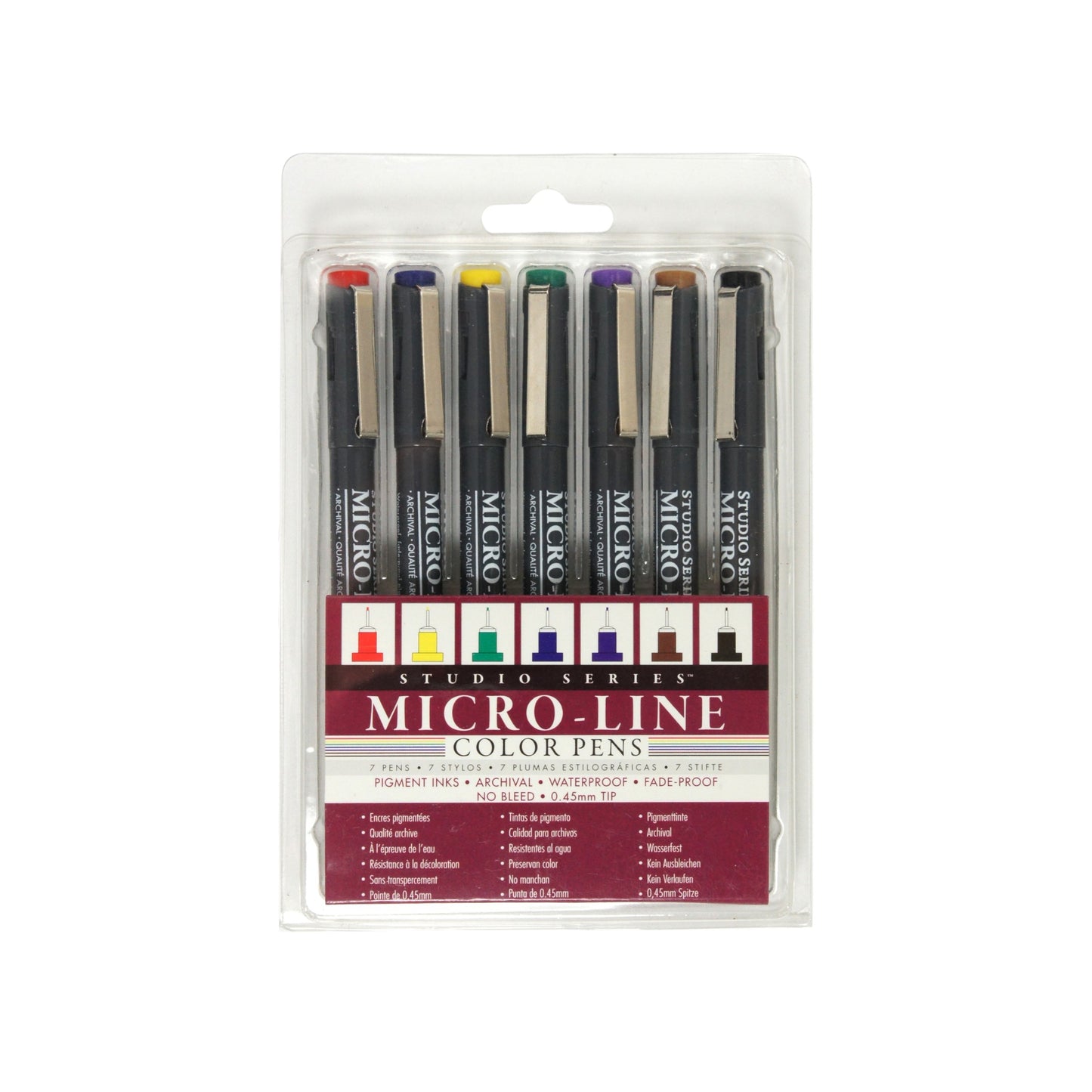 Studio Series 7-Piece Color Micro-Line Pen Set in a transparent reusable storage case, featuring seven pigment ink pens in various bold colors.