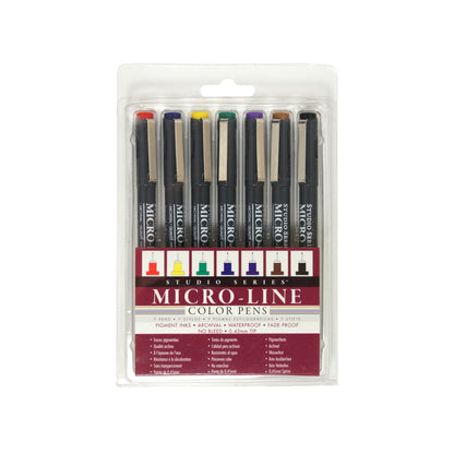 Studio Series 7-Piece Color Micro-Line Pen Set in a transparent reusable storage case, featuring seven pigment ink pens in various bold colors.