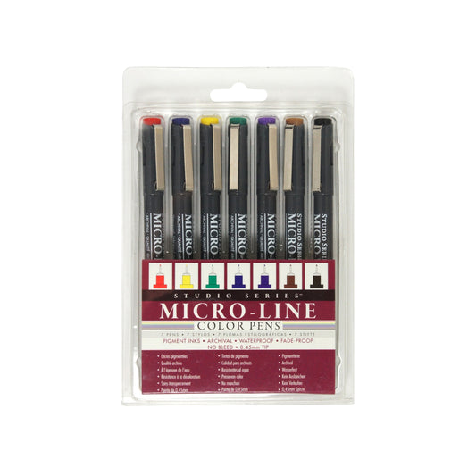 Studio Series 7-Piece Color Micro-Line Pen Set in a transparent reusable storage case, featuring seven pigment ink pens in various bold colors.