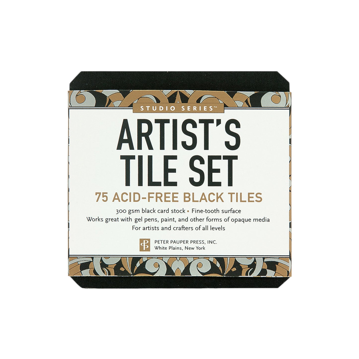 Studio Series Black Artist's Tile Set packaging showing 75 acid-free black card stock tiles for drawing and crafting.