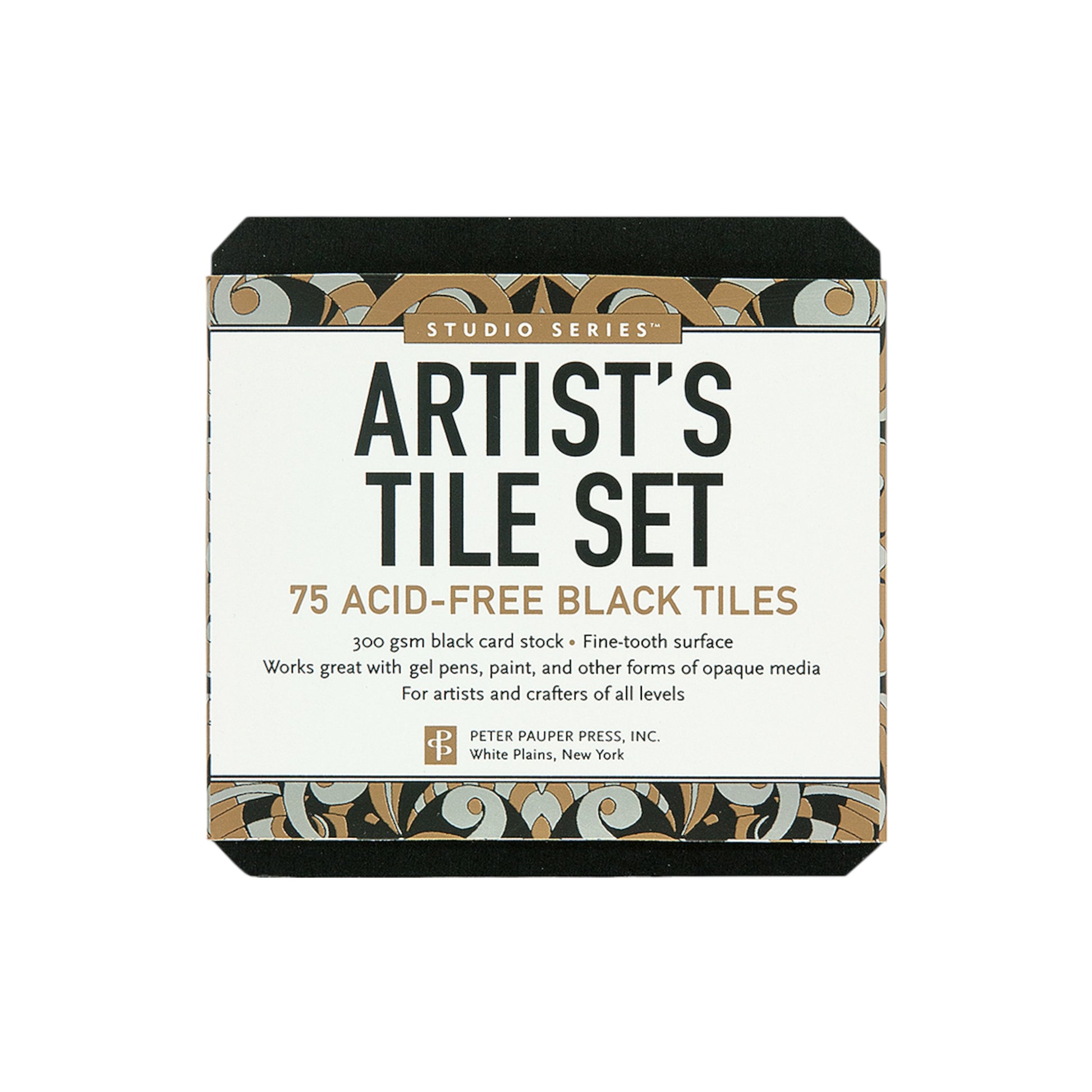 Studio Series Black Artist's Tile Set packaging showing 75 acid-free black card stock tiles for drawing and crafting.