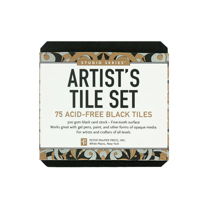 Studio Series Black Artist's Tile Set packaging showing 75 acid-free black card stock tiles for drawing and crafting.