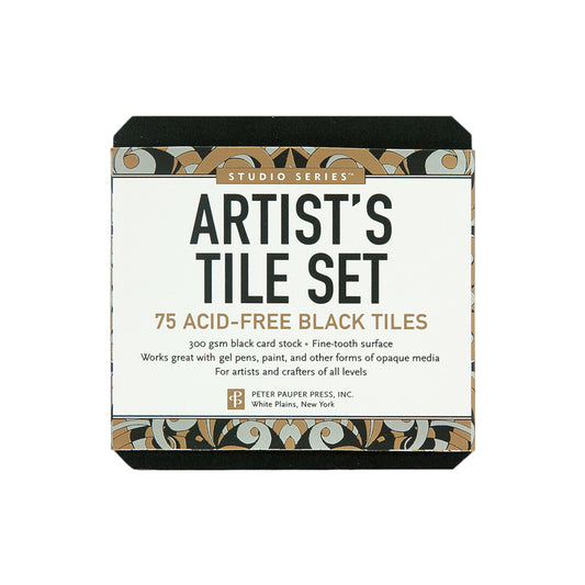 Studio Series Black Artist's Tile Set packaging showing 75 acid-free black card stock tiles for drawing and crafting.