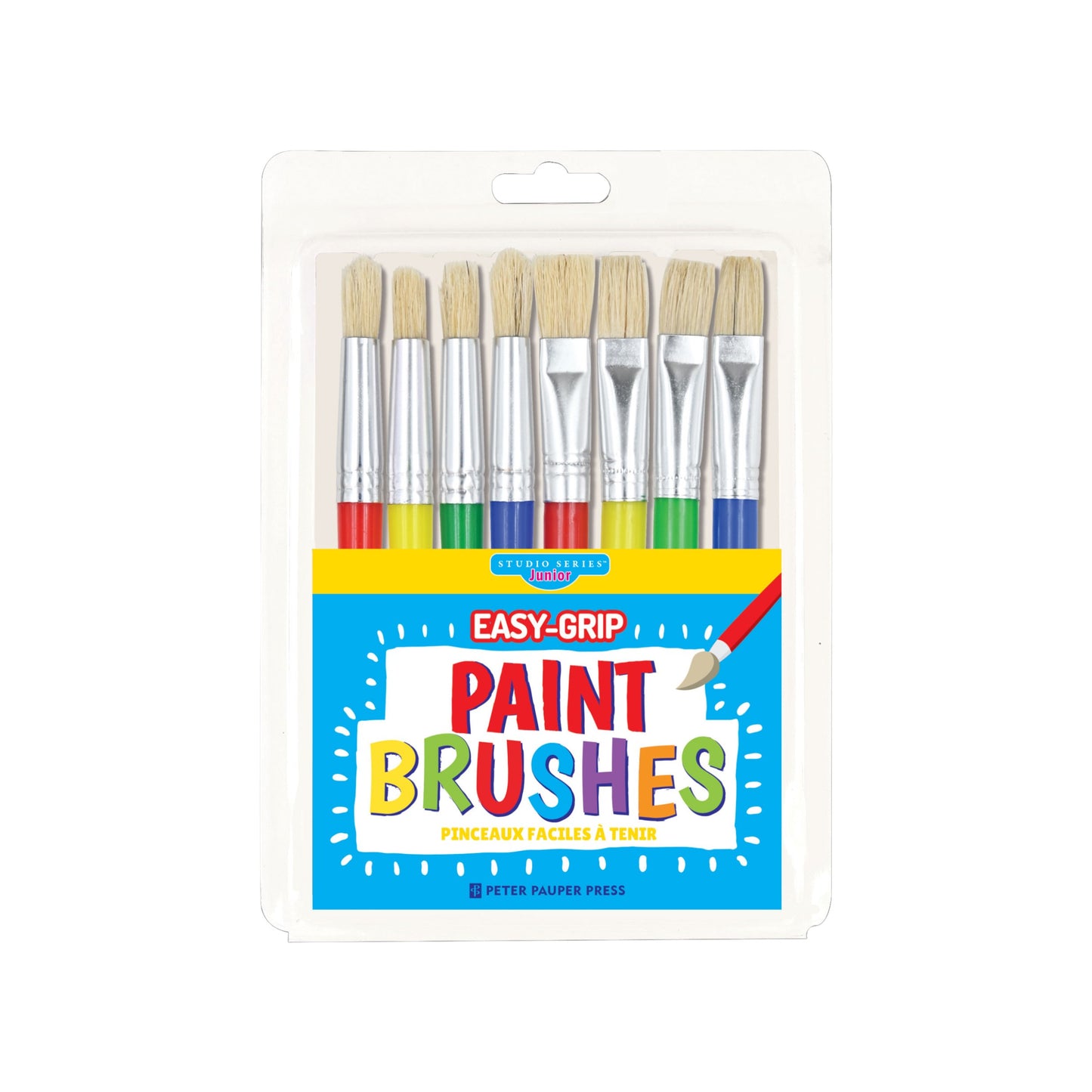 Studio Series 8-Piece Easy-Grip Paint Brushes, featuring four round and four flat brushes with thick, colorful handles in a clear compact case