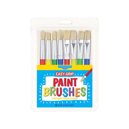 Studio Series 8-Piece Easy-Grip Paint Brushes, featuring four round and four flat brushes with thick, colorful handles in a clear compact case
