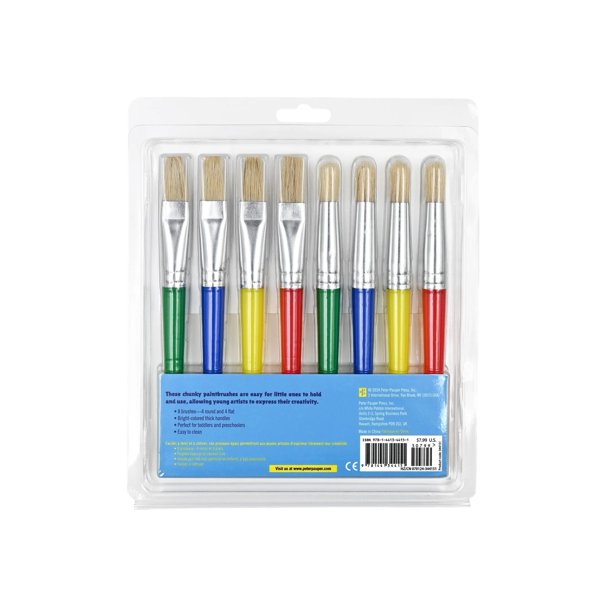 Studio Series 8-Piece Easy-Grip Paint Brushes, featuring four round and four flat brushes with thick, colorful handles in a clear compact case