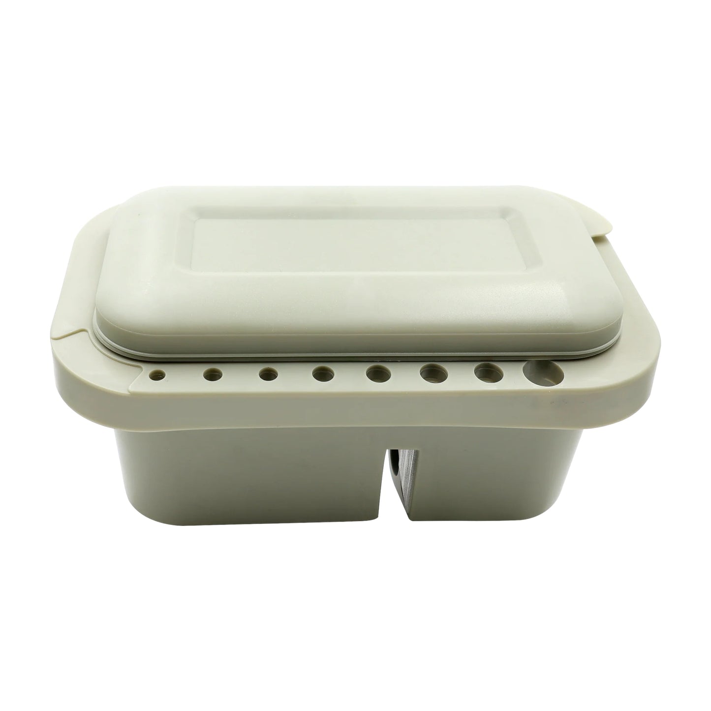 Beige plastic container with a lid on a white background