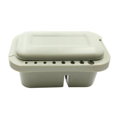 Beige plastic container with a lid on a white background